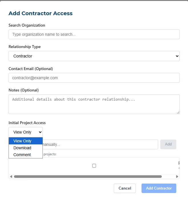 ArchiveView Add Contractor Access dialog with relationship type, project-level access, and View Only, Download, or Comment permission levels