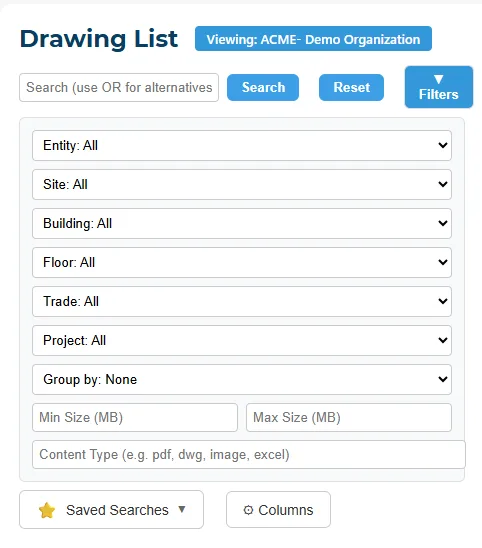 ArchiveView drawing list filters: entity, site, building, floor, trade, project, group-by, file size, content type, and saved searches