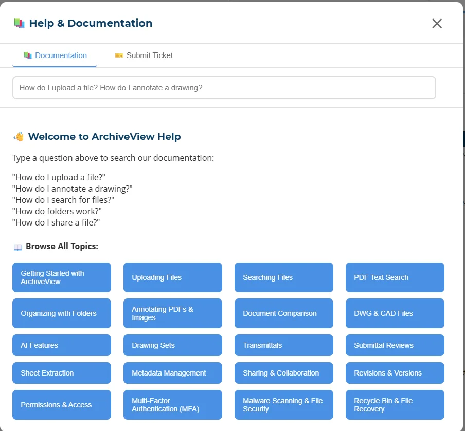 ArchiveView in-app Help and Documentation window with a search box and topic guides covering uploading, searching, drawing sets, AI features, and more